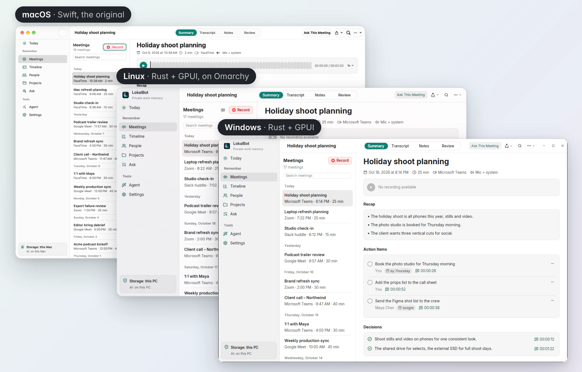 The same demo meeting open in LokalBot on macOS, Linux and Windows