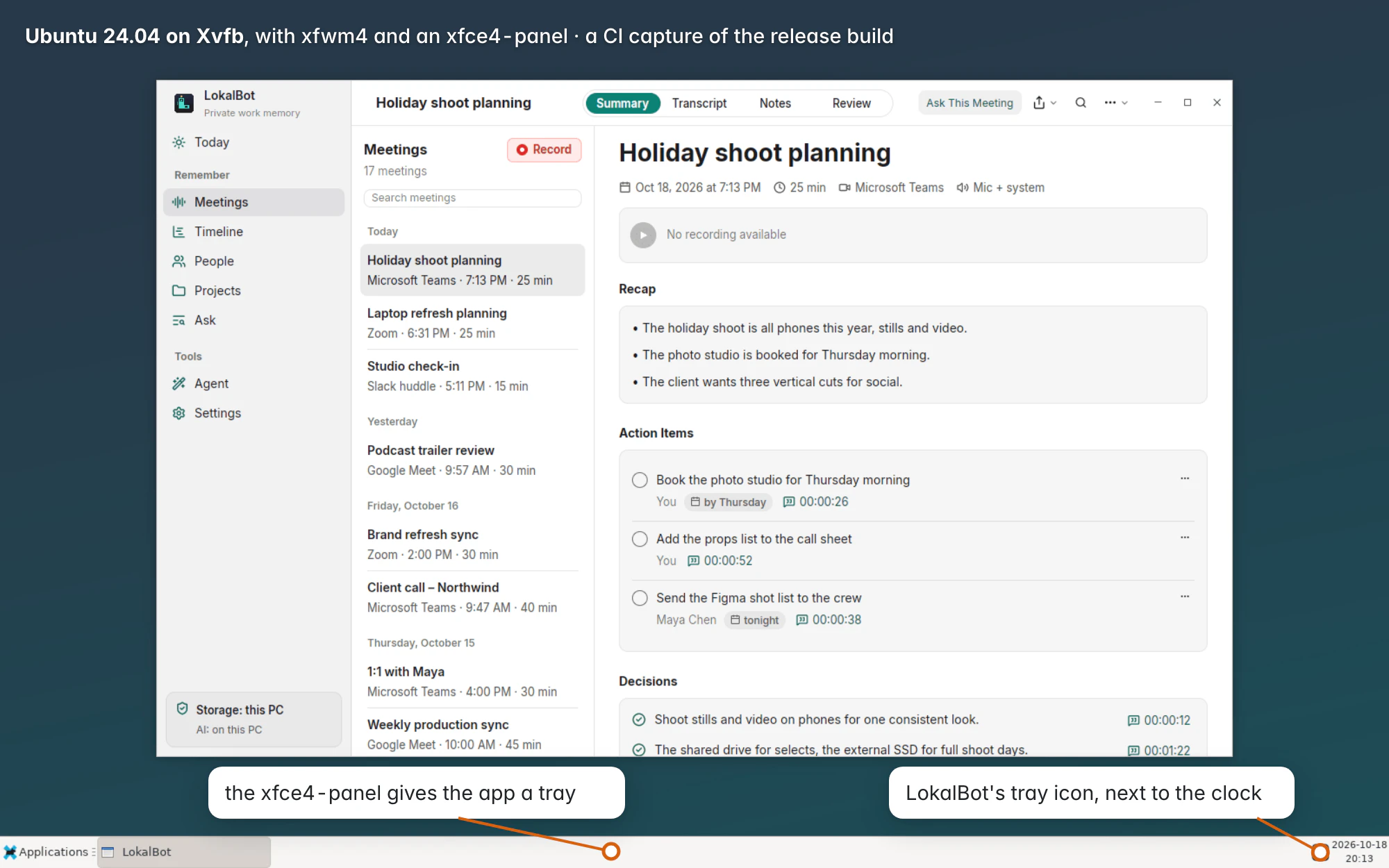 LokalBot's Meetings page on an Ubuntu desktop with a panel at the bottom and the LokalBot tray icon next to the clock.