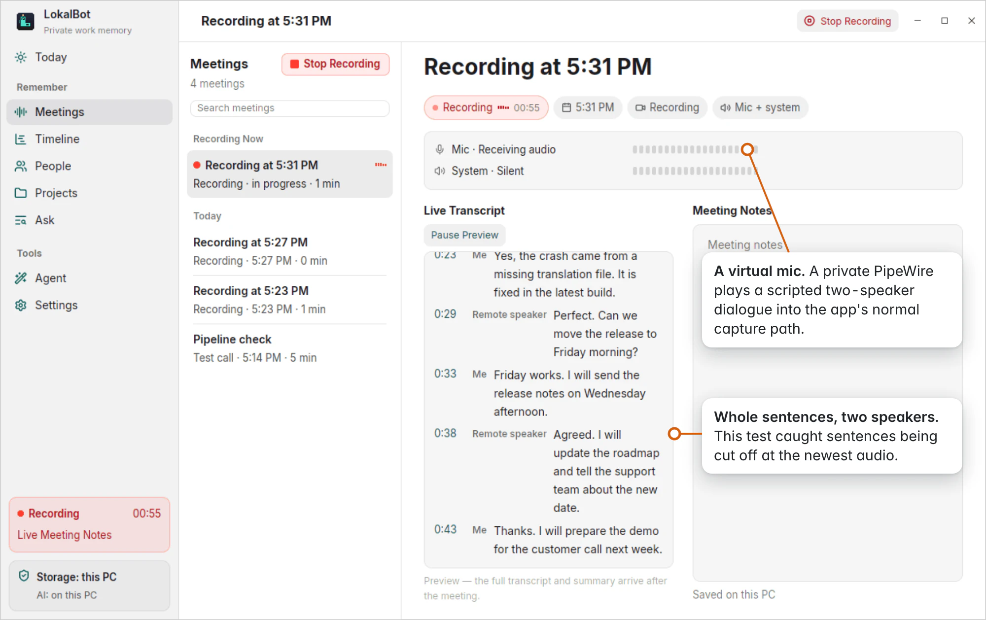 LokalBot recording on Linux, with the mic receiving audio and a live transcript alternating between "Me" and "Remote speaker".